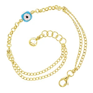 Italian 14k Yellow Gold Double Cuban Chain Evil Eye Charm Bracelet 7" 2.9 grams - Picture 1 of 4