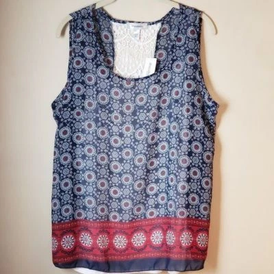 Top túnica Dressbarn Boho transparente "Verano sin fin" azul marino estampado PXL nuevo Foto 1 de 4