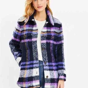 Loft Plaid Shirt Jacket Purple L NWT - Foto 1 di 5