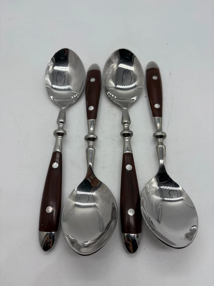 Винтажный лот из 4 суповых ложек деревянная ручка нержавеющая сталь фарфор ретро кухонная посуда 7 дюймов - Изображение 1 из 3