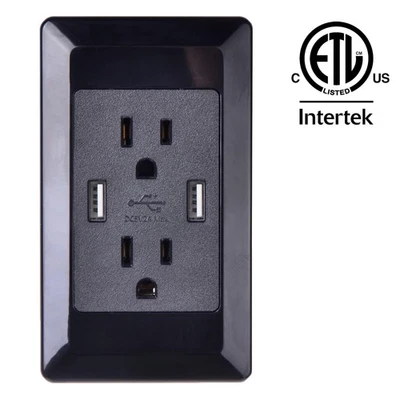 4 PK Dual USB Wall Socket Black Adapter Plug 15A 125V Receptacles with Panel NEW - Image 1 of 4