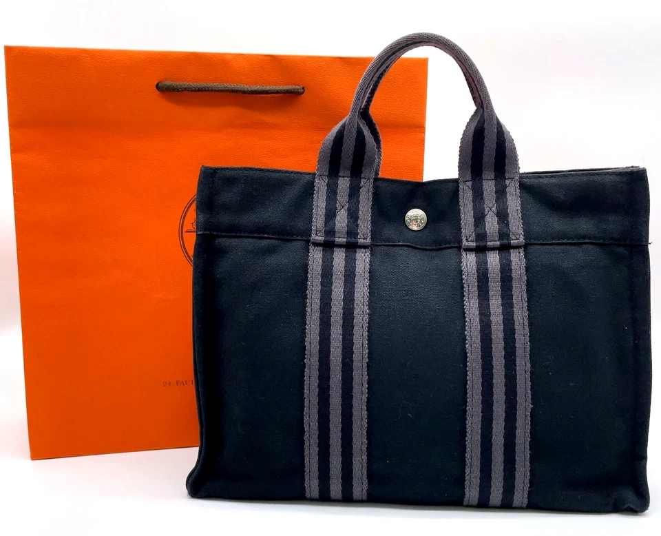 Auth HERMES Foul Tou PM Canvas Black Gray Tote Bag W/Paperbag i100848 - Image 1 of 4