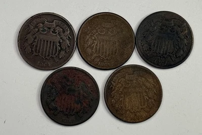 5 Coin Lot Mixed Date Filler Grade Two Cent Pieces  - Image 1 of 4