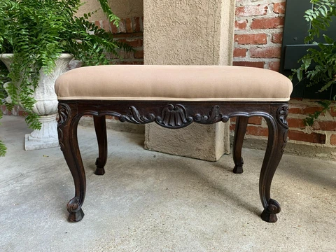 Antique French Carved Dark Oak Bench Stool Ottoman Louis XV style Cover
