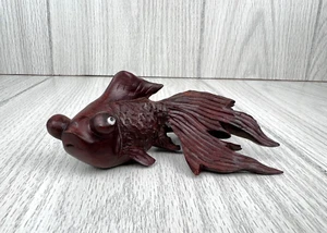 Vtg Asian Rosewood Carved Koi Goldfish Bubble Glass Eyes - Picture 1 of 8