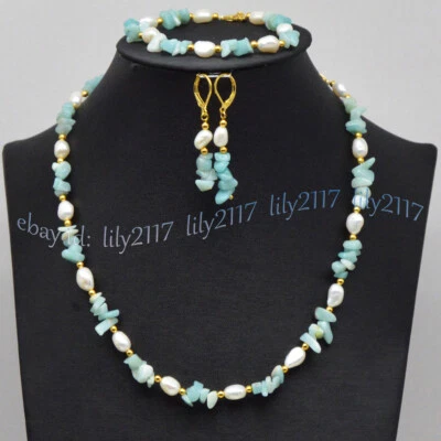 Juego de pendientes collar pulsera perlas barrocas blancas grava amazonita azul natural y Foto 1 de 4