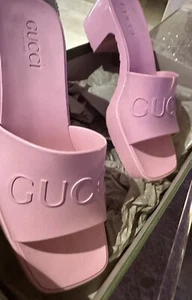 GUCCI DOUBLE  GG LOGO RUBBER PLATFORM BLOCK HEEL MULES SLIDES SANDAL SHOES  $450 - Picture 1 of 14