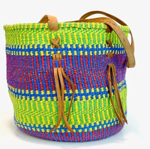 Vintage 60er 70er Jahre Hippie Boho große große Leder Sisal Stroh Eimer Tasche Geldbörse - Bild 1 von 9