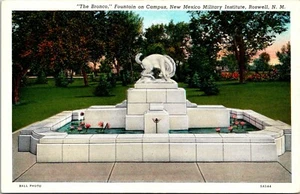 The Bronco Fountain on Campus New Mexico Military Institute Linen Postcard - Picture 1 of 2