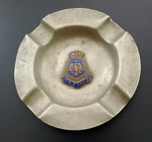 ANTIQUE RARE METAL ASHTRAY HMS EAGLE AIRCRAFT CARRIER ROYAL NAVY ENAMELED EMBLEM - Picture 1 of 7