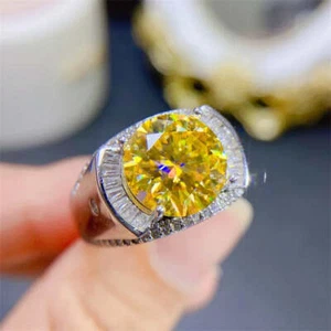 5CT Real Yellow Round Cut Moinssanite Men's Engagement Ring Platinum Finish GRA - Picture 1 of 22