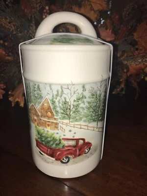 RED TRUCK CANISTER COOKIE JAR BRINGING HOME CHRISTMAS TREE CABIN MAXCERA - Image 1 of 4