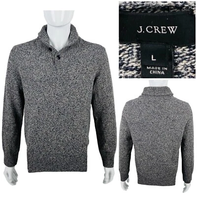 J Crew Mens Large Shawl Collar Knit Sweater 100% LambsWool Blue Tan Pullover EUC - Image 1 of 4