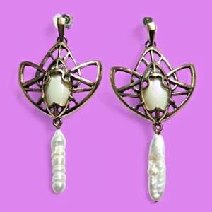 ART DECO LOTUS EARRINGS brass real keshi pearl nouveau geometric flower white V5 - Picture 1 of 6