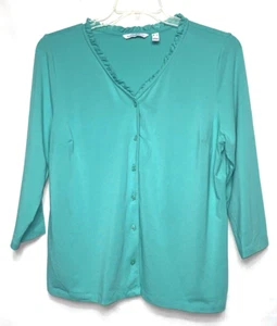 Isaac Mizrahi Live! Button Front Knit Top with Ruffle Neck Size L Aqua Green B*H - Picture 1 of 5