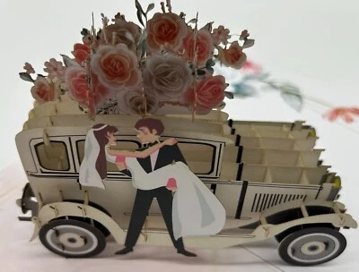 Wedding Car 3D Pop Up Card Just Married Flowers Roses Pink Love Happily Ever - Image 1 of 4