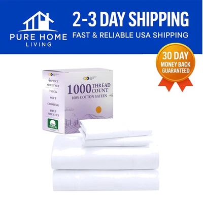 Ultra Luxury 1000 Thread Count King Size Sheet Set - Soft Cotton Sateen White - Image 1 of 4