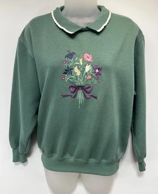 Sudadera Vintage Años 80 ACTIVE EXCHANGE Floral Bordada Verde Talla S Foto 1 de 4