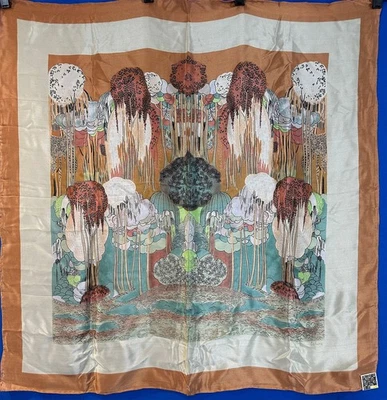Lenços de eco vintage década de 1960 Art Nouveau boho estampa de árvore borda marrom 100% seda novo com etiquetas - Imagem 1 de 3