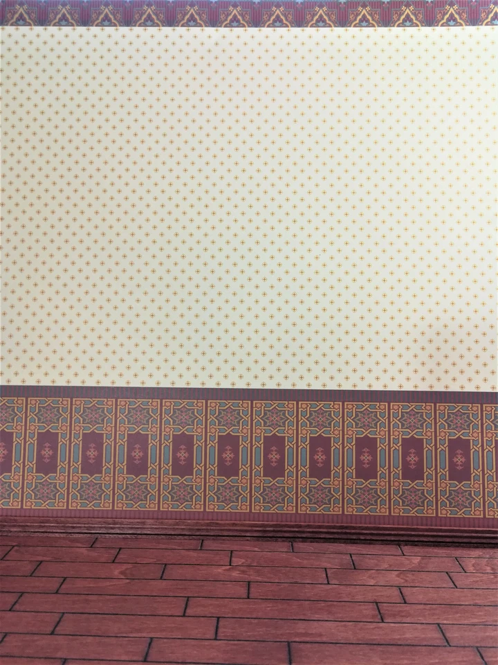 Papel pintado para casa de muñecas victoriano 3 partes granate y amarillo pálido "tripartito" 1:12 Foto 1 de 1