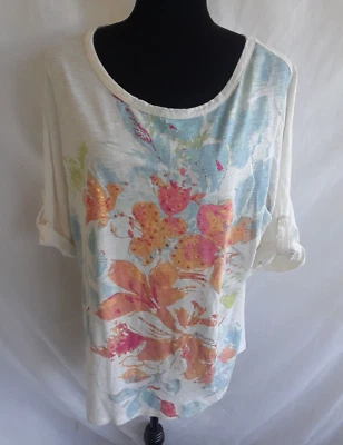 White Stag Womens Top XXL White Multicolor Print Sequins Roll Tab Sleeve - Image 1 of 4