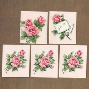 LOT OF 5 Vintage HALLMARK Blank Inside Notecards + Envelopes, Pink Rose Flowers - Picture 1 of 6