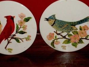 VINTAGE Wheeling Ceramic ART Blue Bird Blooming Tree Hand painted Flowers Tile - Picture 1 of 8