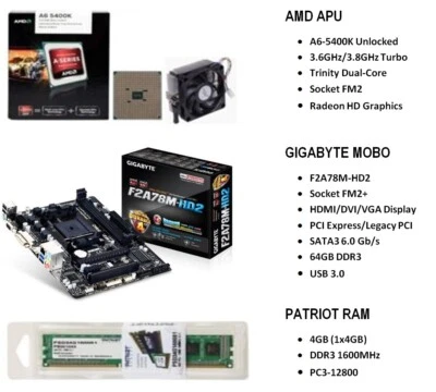 AMD A6-5400K 3.6GHz APU  +  GIGABYTE F2A78M-HD2 MOBO  +  PATRIOT 4GB 1600MHz RAM - Image 1 of 4