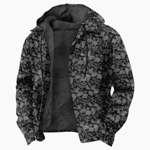Mens Skulls Print Fleece Lined Hoodie Casual Hooded Zip Jacket Sweater - Picture 1 of 8
