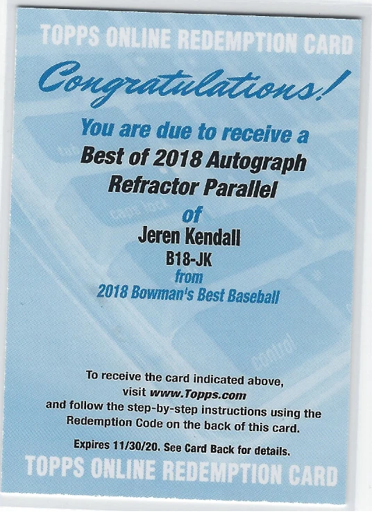 JEREN KENDALL 2018 BOWMAN'S BEST BEST OF 2018 ON CARD REFRACTOR AUTO - Image 1 of 1