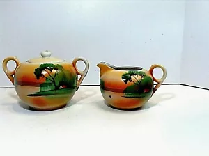 NORITAKE SUGAR BOWL 6" & CREAMER 5" LAKE HOUSE MOTIEF JAPAN RARE/RETIRED/ANTIQUE - Picture 1 of 8