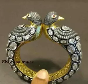Natural Rose Cut Diamond & Polki Diamond Peacock Bangle Sterling Silver Jewelry - Picture 1 of 1