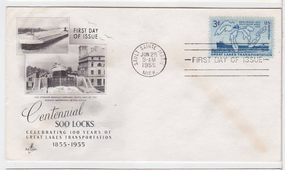 TurtlesTradingPost - Soo Locks Centennial #1069- 1955 FDC Artcraft Cachet - Image 1 of 1