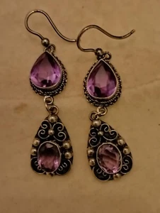 orecchini In Argento Antichizzato 800 Con Pietra Ametista - Foto 1 di 3