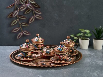 Copper Coffee Serving Set, Turkish Coffee Set, Copper Coffee Cups Tray - Image 1 of 4