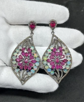 Pendientes de plata de ley 925 con rubí y ópalo moissanita joyería v655 Foto 1 de 3