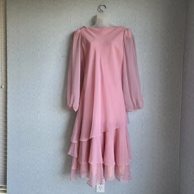 Vestido Cobina De Colección Años 70 Talla 6 Gasa Manga Globo En Niveles Bebé Rosa Formal Foto 1 de 4