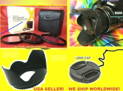 XIT, JJC B600: FILTER KIT+FLOWER HOOD+LENS CAP AptTo CAMERA NIKON COOPLIX B600 CPL UV FLD