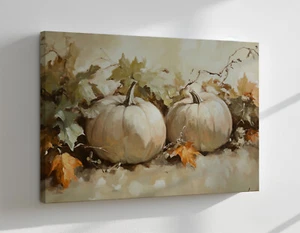 White Pumpkins Vintage Halloween Painting Canvas Print Wall Hanging Art - Picture 1 of 9