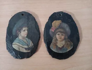 Set of 2 Vintage Victorian Boy & Girl Decoupage on Slate Wall Hanging Decor 4.5" - Picture 1 of 5