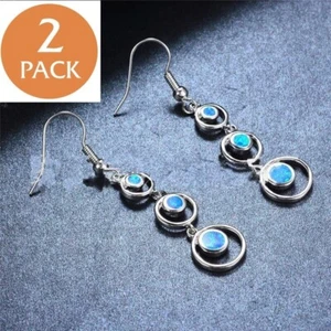 2x Gemstone Blue Fire Opal Dangle Silver Earrings 925 Silver Women Jewelry - Picture 1 of 4