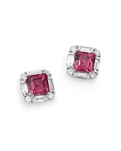 Asscher Cut Pink Ruby Simulated Diamond Halo Stud Earrings 14k White Gold Plated - Picture 1 of 2