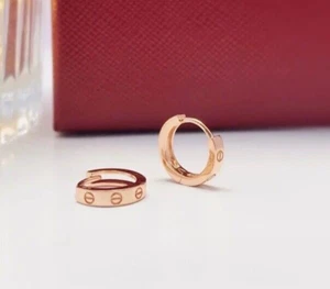18ct Solid Rose Gold Love Screw Huggie Hoops Earrings, 18K, small, classic, gift - Picture 1 of 8