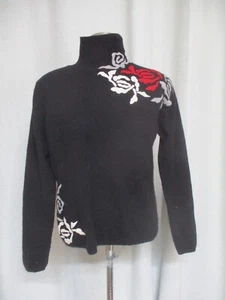 CARLISLE black soft cashmere floral applique turtleneck pullover sweater sz L - Picture 1 of 6