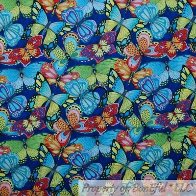 BonEful FABRIC Cotton Quilt Blue Rainbow Butterfly Spring Flower Garden CA SCRAP - Image 1 of 4