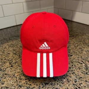 Adidas Baseball Cap Hat Red White 3 Stripes Logo Adjustable Strapback Adult - Picture 1 of 9