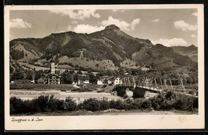 Lenggries a. d. Isar, Ansichtskarte, Kirche, Brücke, Gebirgslandschaft 1951  - Picture 1 of 2