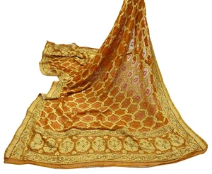 Vintage Saffron Dupatta Blend Cotton Embroidered Bandhani Long Stole Scarves Vei - Picture 1 of 20