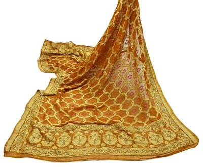 Vintage Saffron Dupatta Blend Cotton Embroidered Bandhani Long Stole Scarves Vei - Image 1 of 4