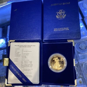 1986-W 1oz GOLD USA $50 PROOF AMERICAN EAGLE COIN BOX & COA First Year of Issue - Picture 1 of 6